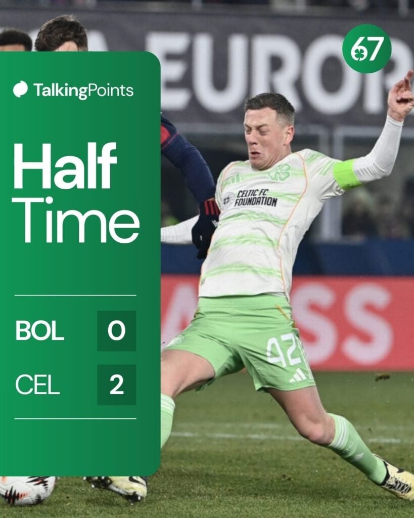Thijs Dallinga (C) and Celtic's Scottish midfielder #42 Callum McGregor (R) fight for the ball during the UEFA Europa League 1st round day 7 football match between Bologna and Celtic