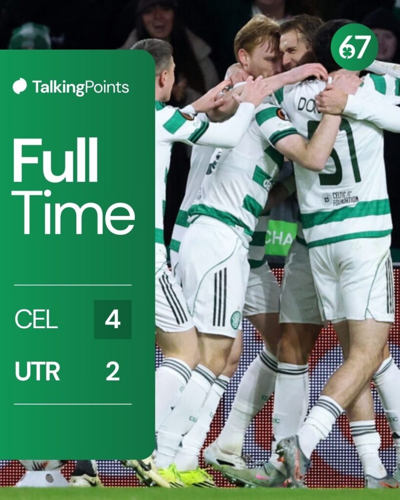 Benjamin Nygren of Celtic celebrates the 1-0 with Callum McGregor of Celtic, Liam Scales of Celtic, Colby Donovan of Celtic