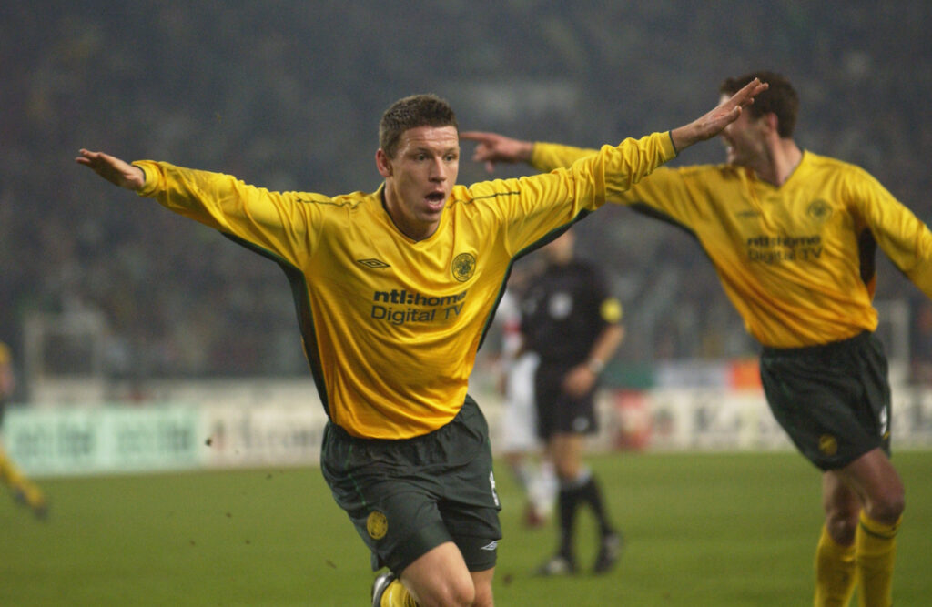 Alan Thompson of Celtic celebrates scoring the opening goal of the match during the UEFA Cup fourth round second leg match between VFB Stuttgart and Glasgow Celtic