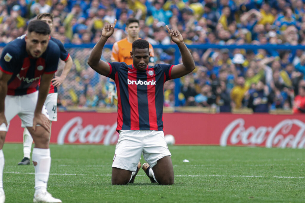 Johan Romana of San Lorenzo is gesturing during a match between Boca Juniors and San Lorenzo
