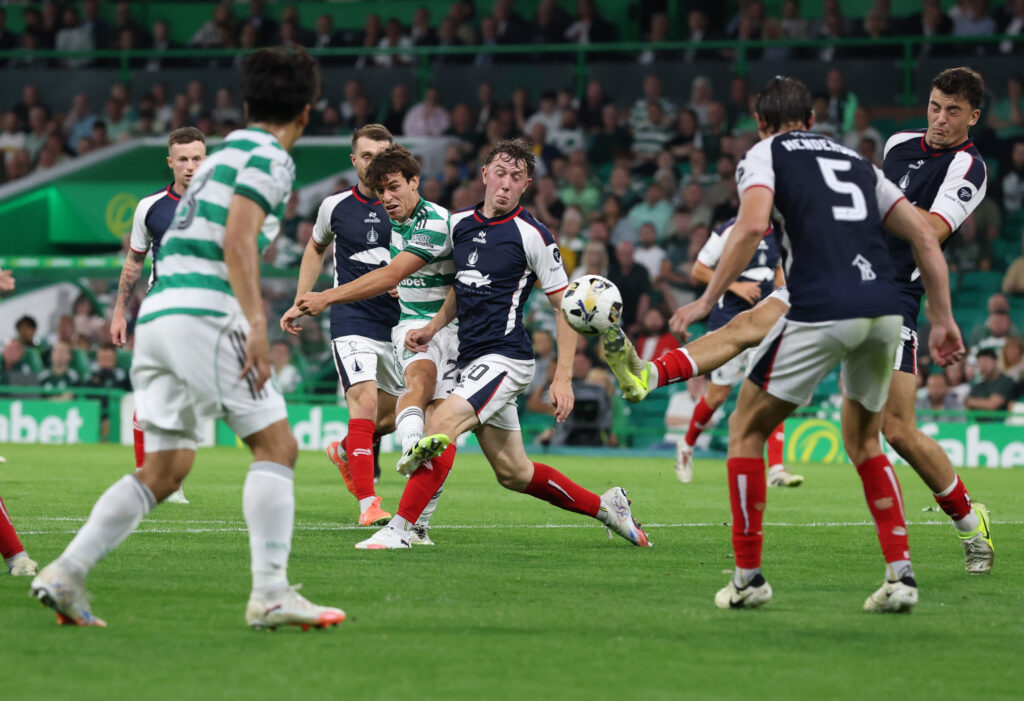 Paulo Bernardo of Celtic shoots at goal during the Premier Sports League Cup match between Celtic and Falkirk