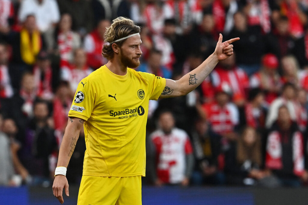 Kasper Waarst Hogh gestures during the UEFA Champions League football match between SK Slavia Prague and FK Bodoe/Glimt