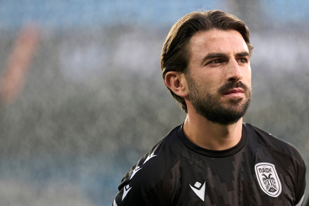 Greg Taylor of PAOK FC looks on prior to the UEFA Europa League 2025/26 League Phase MD2 match between Real Club Celta de Vigo and PAOK FC