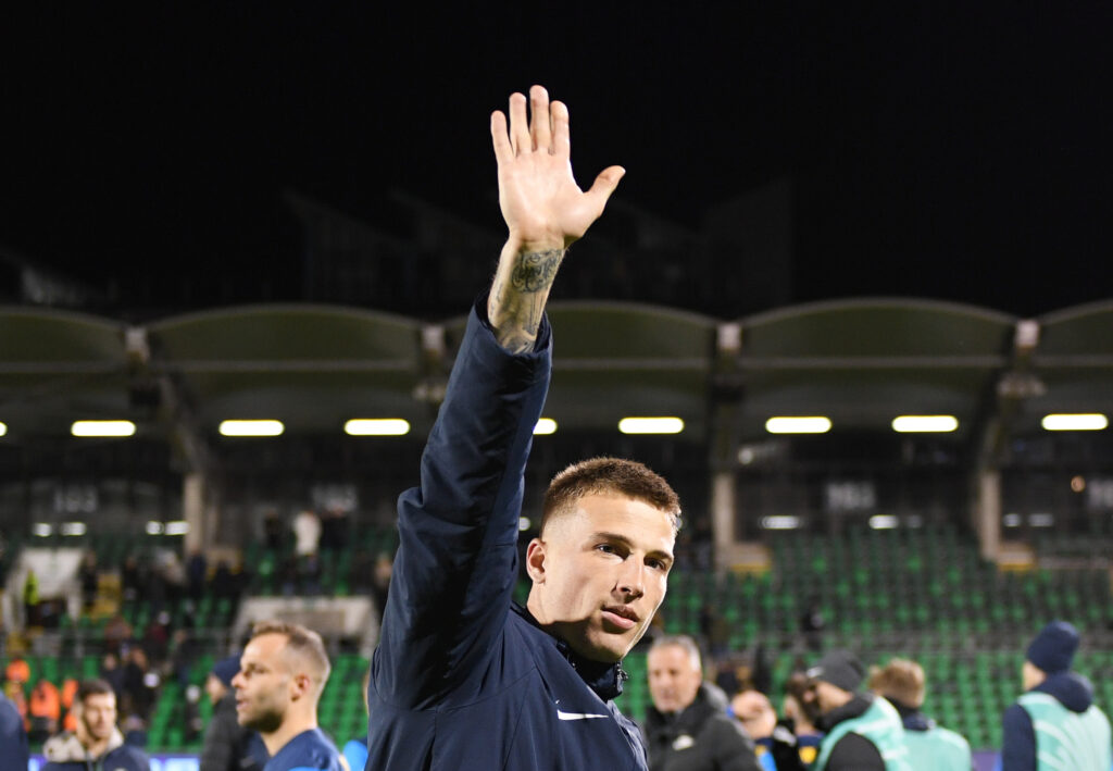 Franko Kovacevic of Celje acknowledges the fan