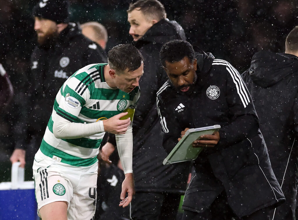 Callum McGregor of Celtic and Celtic manager Wilfried Nancy are seen during the Premier League match between Celtic and Heart of Midlothian