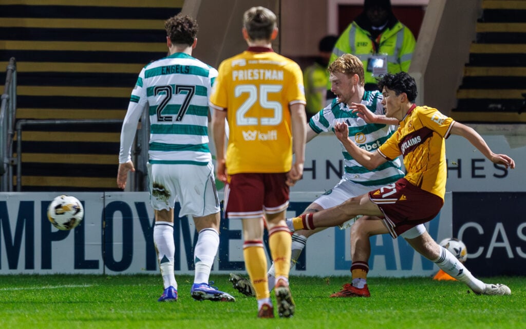 Elijah Just of Motherwell takes a shot at goal during the Premier League match between Motherwell and Celtic