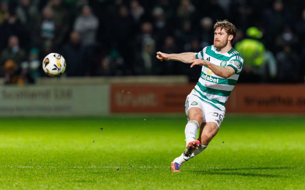 Anthony Ralston plays a pass during Motherwell vs Celtic