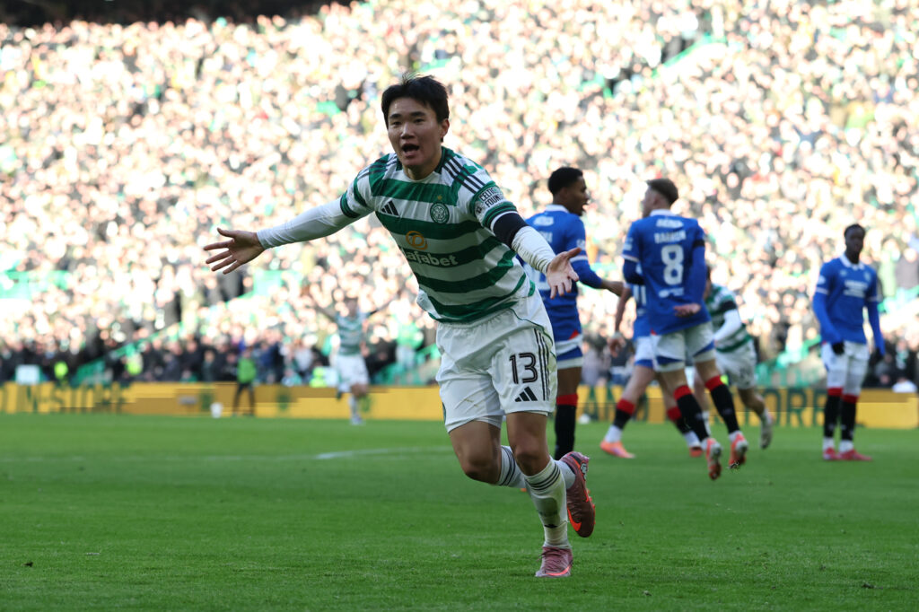 Hyunjun Yang celebrates his goal for Celtic against Rangers