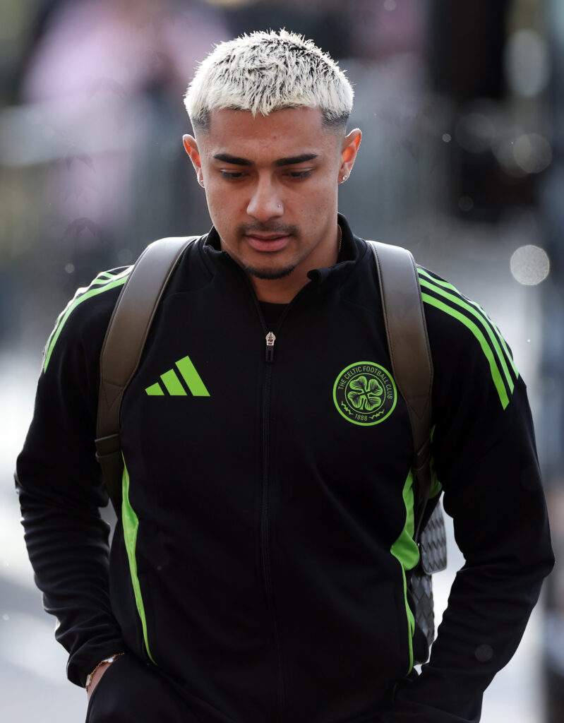 Julian Araujo of Celtic arrives prior to during the Premier League match between Celtic and Dundee United at Celtic Park on January 10, 2026.