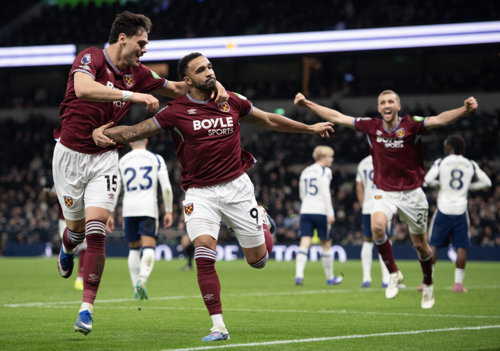 Callum Wilson celebrates scoring the winner for West Ham United against Tottenham Hotspur.