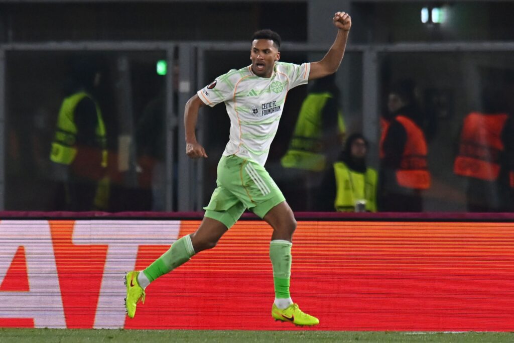 Auston Trusty of Celtic FC celebrates after scoring his team's second goal during the UEFA Europa League 2025/26 League Phase MD7 match between Bologna FC 1909 and Celtic FC