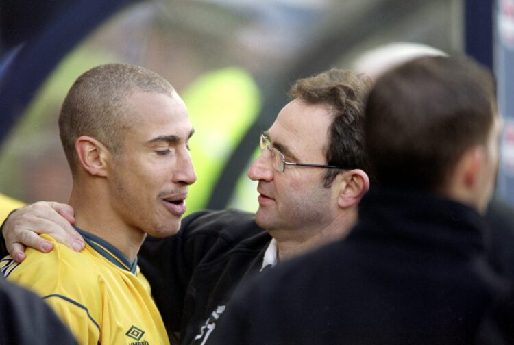 18 Mar 2001:  Henrik Larsson of Celtic is congratulated by his manager Martin O''Neill as his hat-trick won the cup for his team after the Scottish...