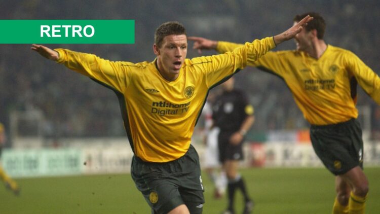 Alan Thompson of Celtic celebrates scoring the opening goal of the match during the UEFA Cup fourth round second leg match between VFB Stuttgart an...