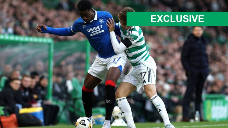 Rangers' Emmanuel Fernandez and Celtic midfielder Arne Engels.