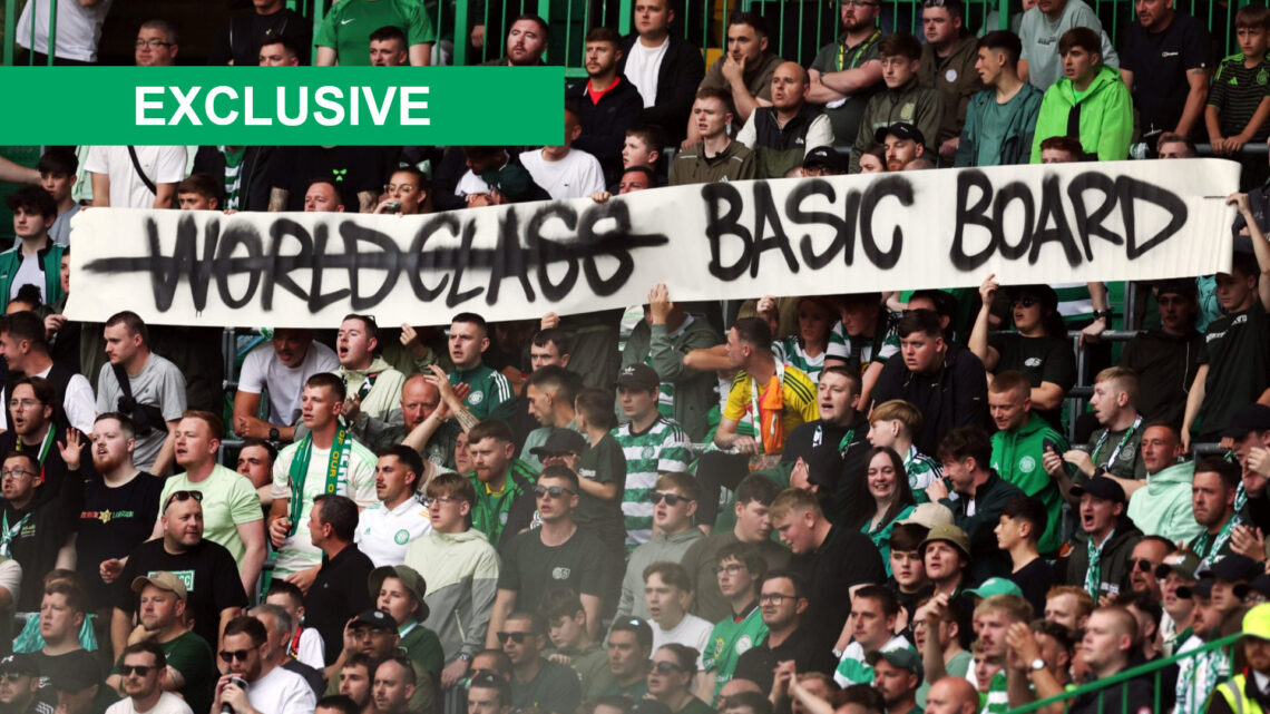 Image of Celtic fans holding a banner that reads 'World class basic board' at Celtic Park.