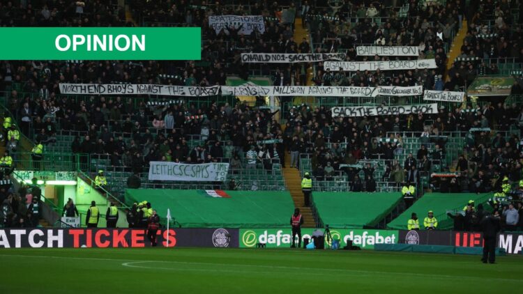 Celtic fans protest against the board with an empty standing section where the Green Brigade usually stand