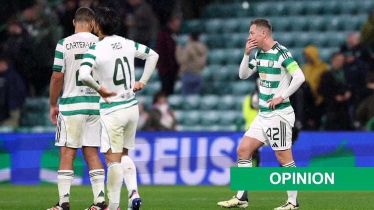 Callum McGregor and the Celtic players look dejected after defeat