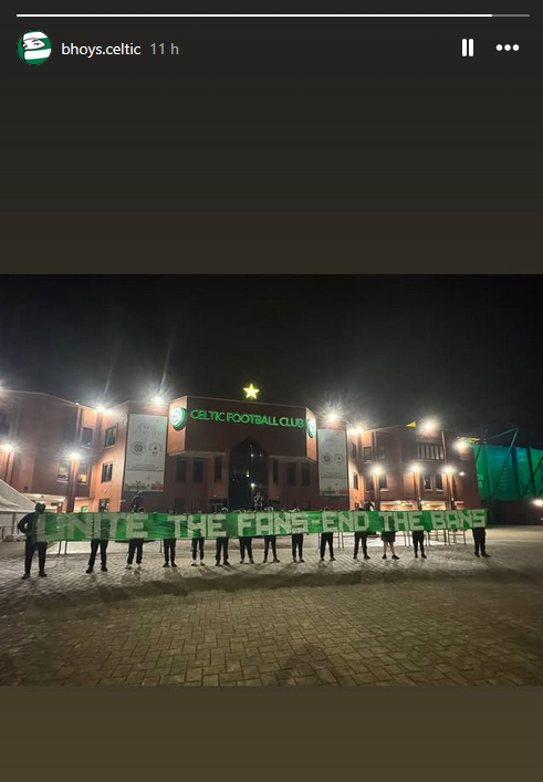 Celtic Ultras Bhoys Celtic outside Parkhead with a message to the board
