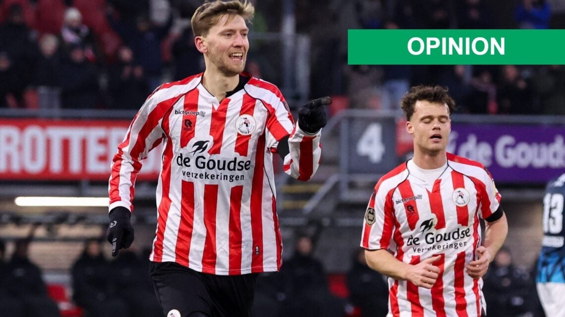 Tobias Lauritsen of Sparta Rotterdam celebrates after scoring the first goal of the team during the Dutch Eredivisie match between Sparta Rotterdam...