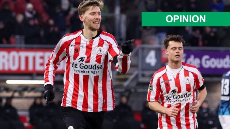 Tobias Lauritsen of Sparta Rotterdam celebrates after scoring the first goal of the team during the Dutch Eredivisie match between Sparta Rotterdam...