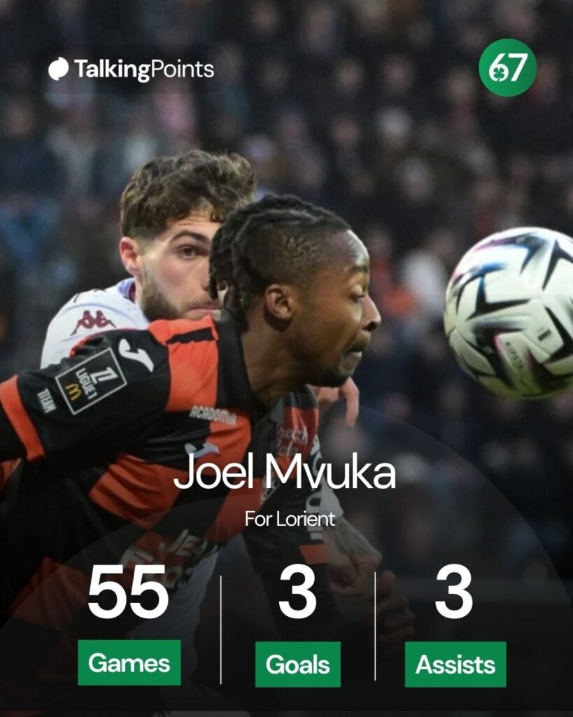 Lorient's Joel Mvuka challenges for the ball during a Ligue 1 game
