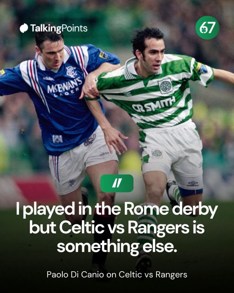 Paolo Di Canio and Ian Ferguson challenge for the ball during Celtic and Rangers