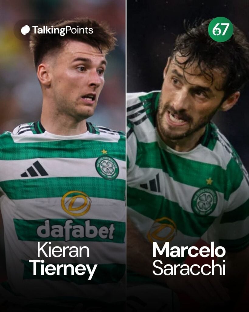 Marcelo Saracchi of Celtic in action during the UEFA Europa League 2025/26 League Phase MD2 match between Celtic FC and SC Braga at Celtic Park, Kieran Tierney in action for Celtic against Kairat Almaty