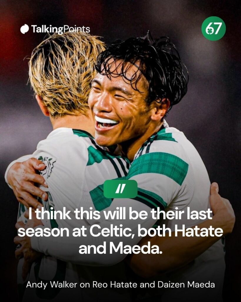 Daizen Maeda and Reo Hatate embrace each other after Celtic's second goal against Feyenoord in the Europa League