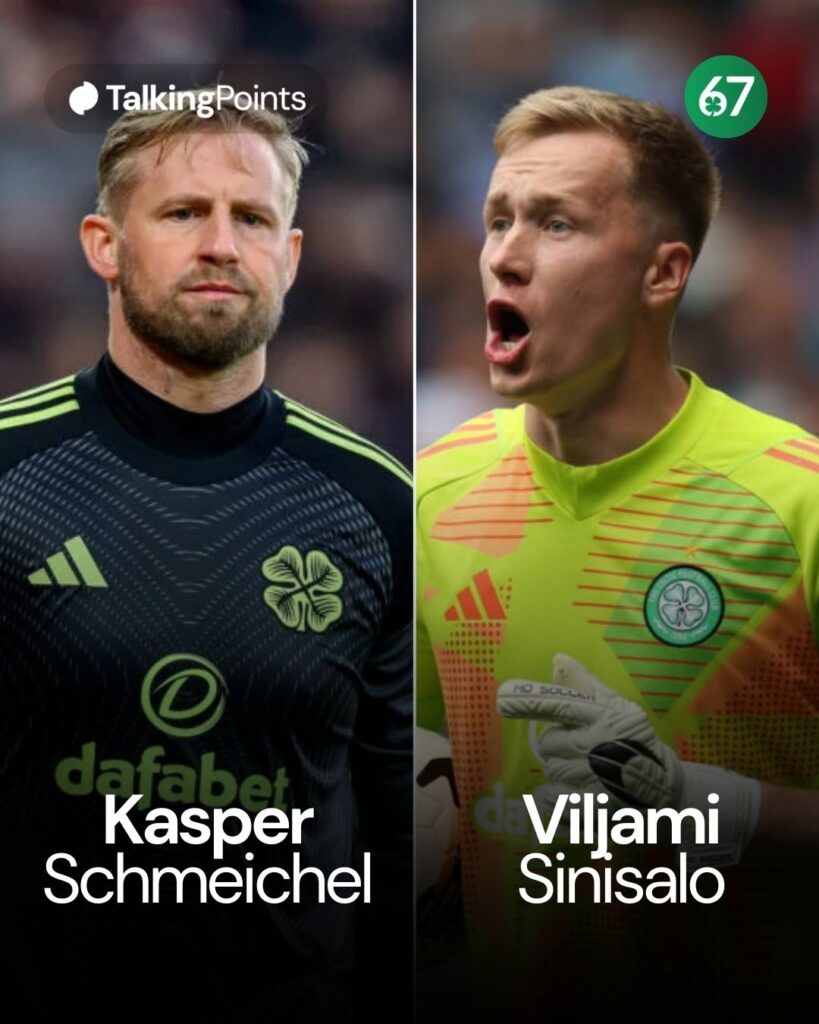 Kasper Schmeichel in goal for Celtic vs Hearts, Viljami Sinisalo shouts instructions at his Celtic teammates