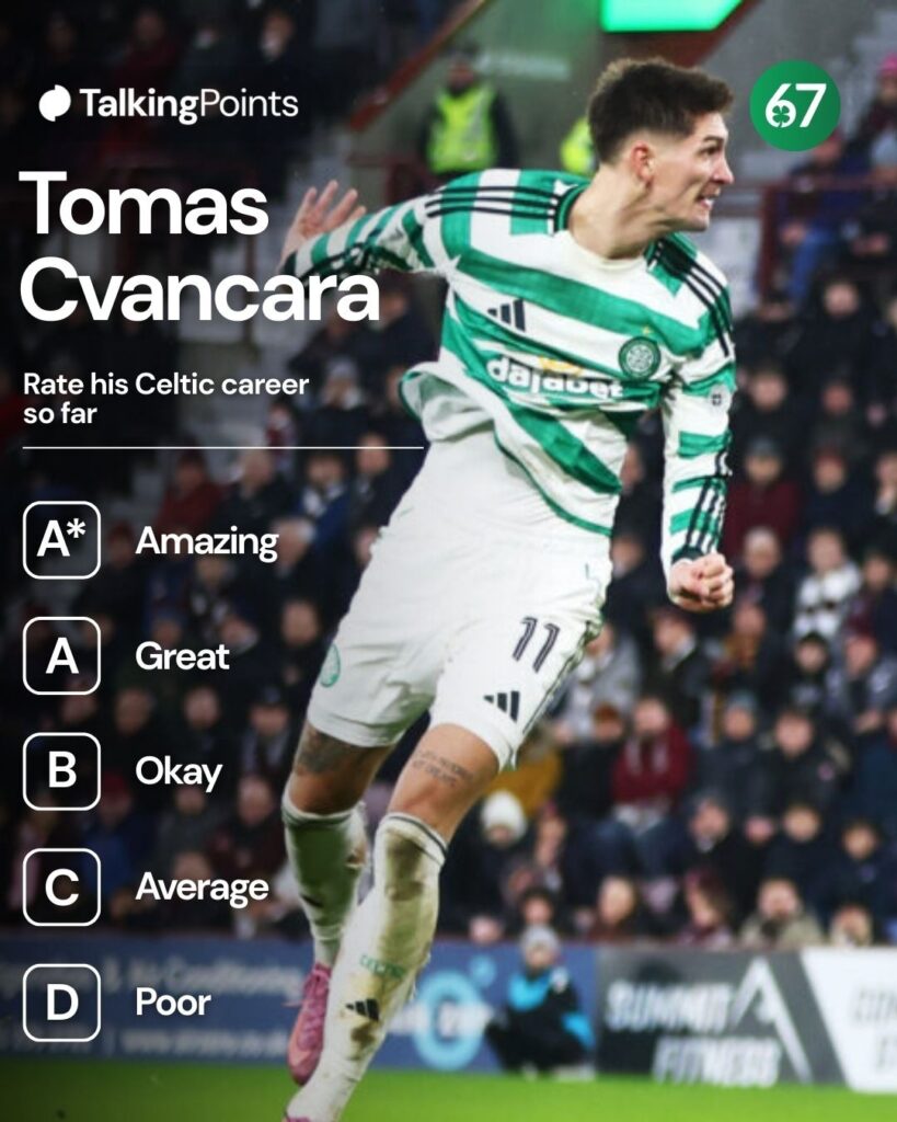 Tomas Cvancara contents an aerial ball during the William Hill Premiership match between Heart of Midlothian and Celtic