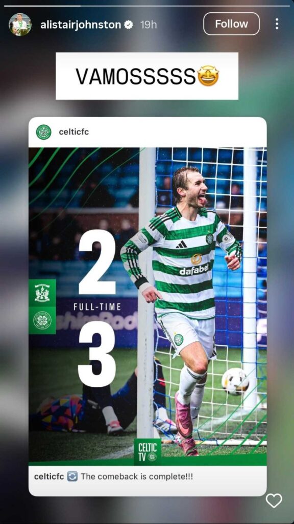 Alistair Johnston reacts on Instagram to Celtic's win over Kilmarnock