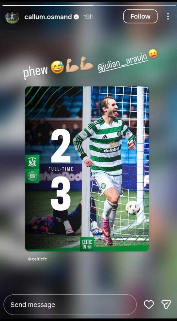 Callum Osmand reacts on Instagram to Celtic's win over Kilmarnock