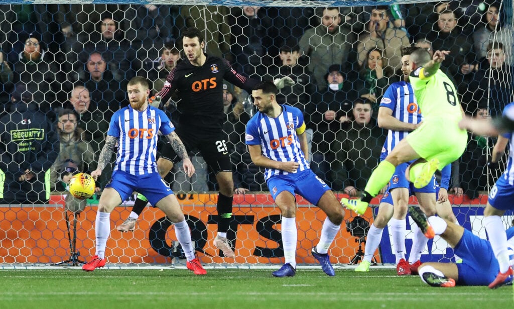 Scott Brown of Celtic scores the winning goal during he Scottish Ladbrokes Premiership match between Kilmarnock and Celtic