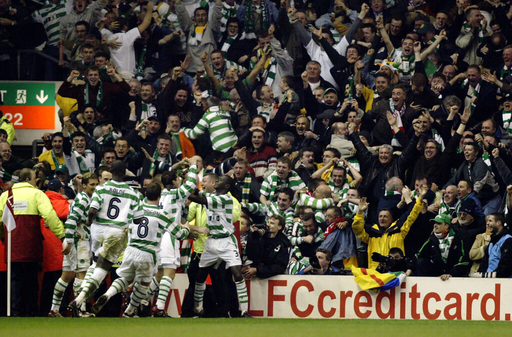 Celtic celebrate during the UEFA Cup Quarter-Final second leg match between Liverpool and Glasgow Celtic