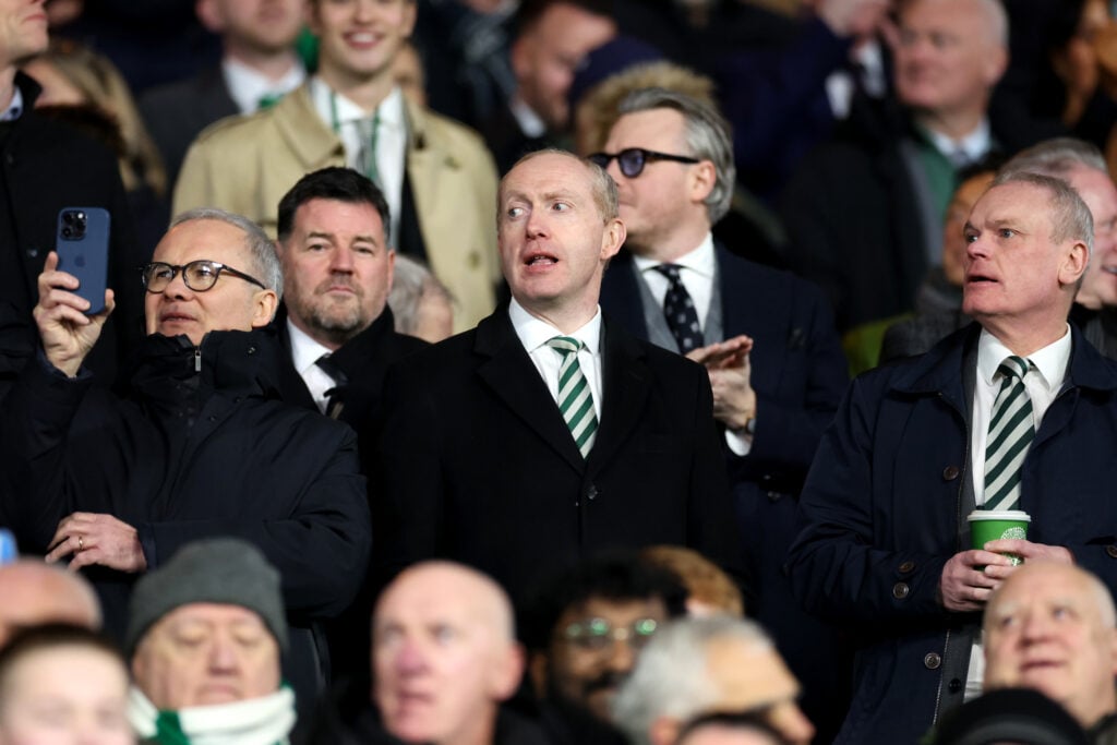 Michael Nicholson, Chief Executive of Celtic, looks on from the stands prior to the UEFA Champions League 2024/25 League Knockout Play-off First Leg match between Celtic FC and FC Bayern München