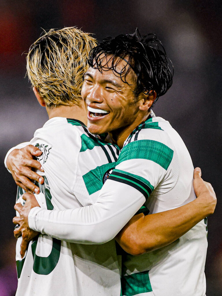 Reo Hatate of Celtic FC celebrates with Daizen Maeda of Celtic FC after scoring his teams second goal
