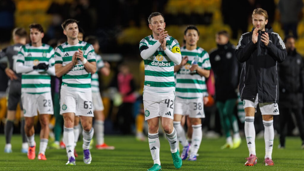 Callum McGregor of Celtic leading applause for travelling support during the William Hill Premiership match between Livingston and Celticp