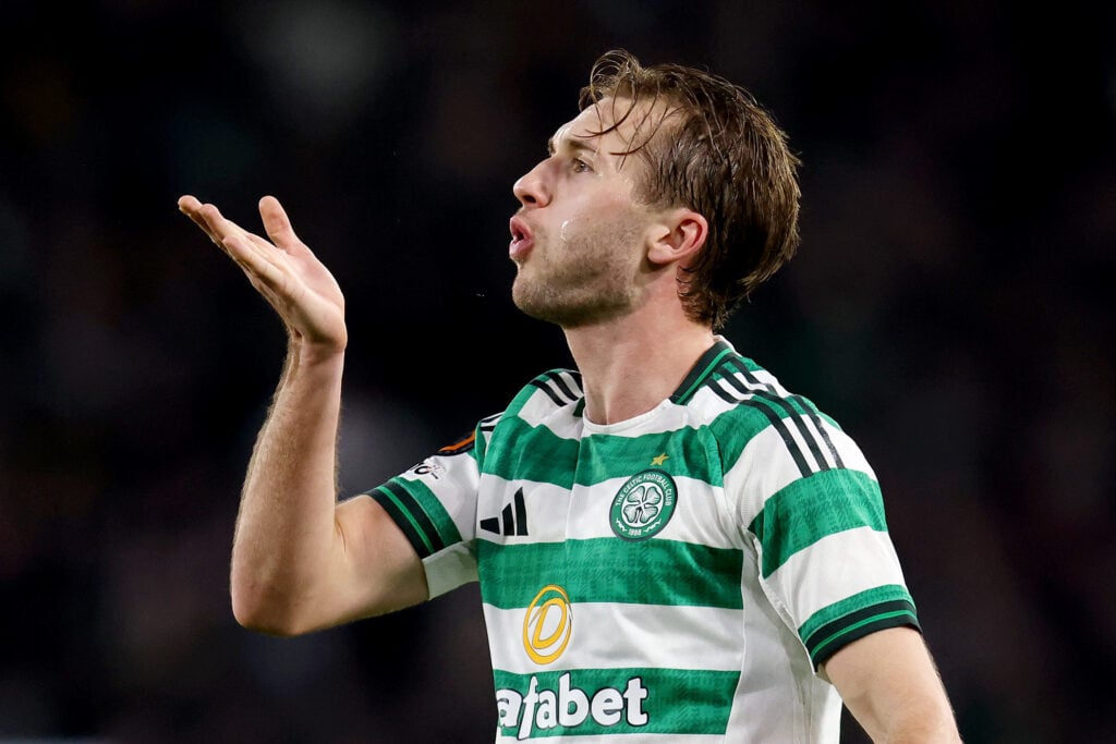 Benjamin Nygren of Celtic celebrates scoring his team's first goal during the UEFA Europa League 2025/26 Knockout Play-off First Leg match between Celtic FC and VfB Stuttgart