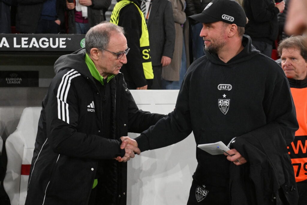 Celtic boss Martin O'Neill shakes hands with Stuttgart's German head coach Sebastian Hoeness before their Europa League clash in Germany.