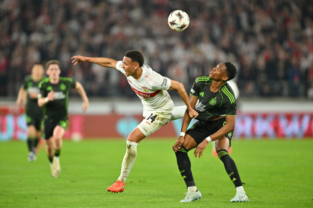 Luca Jaquez of VfB Stuttgart challenges Junior Adamu of Celtic