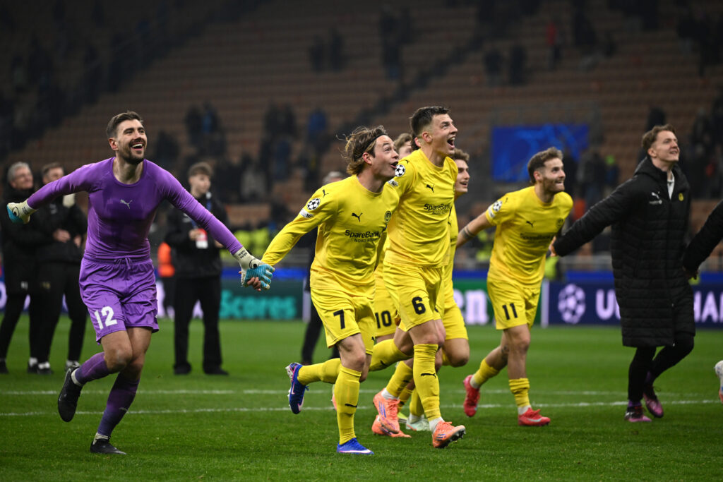 Bodo/Glimt players celebrate knocking Inter out of the UEFA Champions League 2025/26 League Knockout Play-off Second Leg.