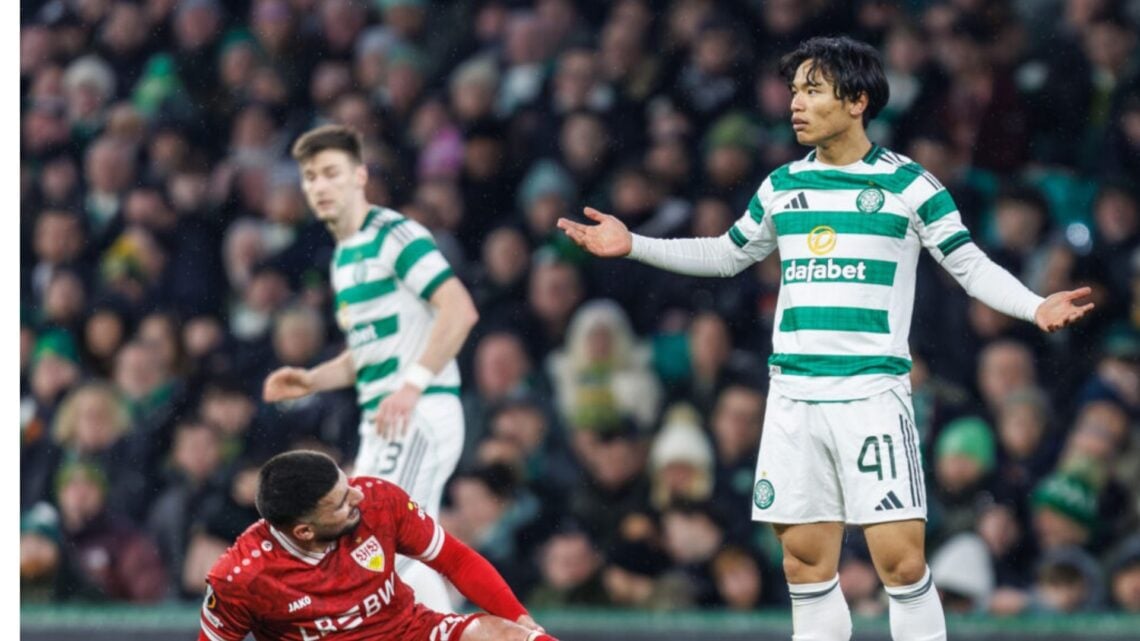 Reo Hatate of Celtic appeals against freekick decision during the UEFA Europa League 2025/26 Knockout Play-off First Leg match between Celtic FC an...