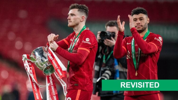 Andrew Robertson and Alex Oxlade-Chamberlain of Liverpool celebrates after winning the Carabao Cup