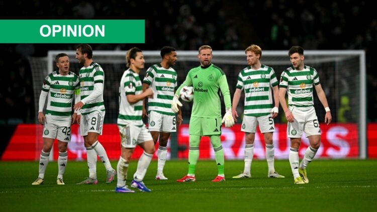 Kasper Schmeichel and the rest of the Celtic team await for a VAR decision to be made