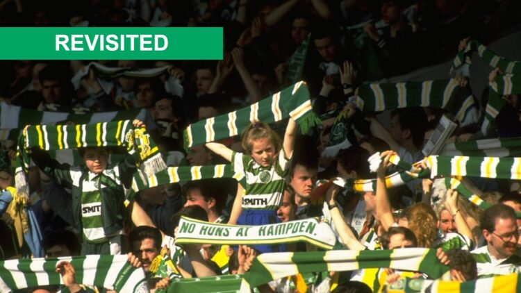 Celtic supporters wave their scarves in support of their team during the Scottish Premier League match against Rangers at Celtic Park in Glasgow, S...