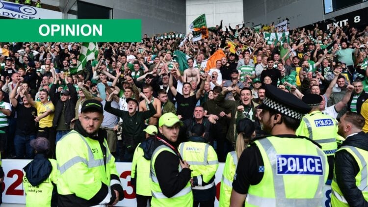 Celtic fans celebrate at the final whistle during the Ladbrokes Premiership match between Rangers and Celtic at Ibrox