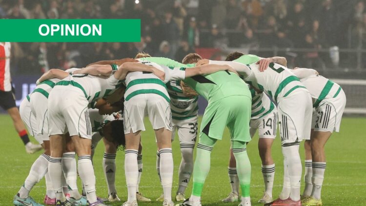 The Celtic players huddle before their Europa League fixture against Feyenoord at De Kuip