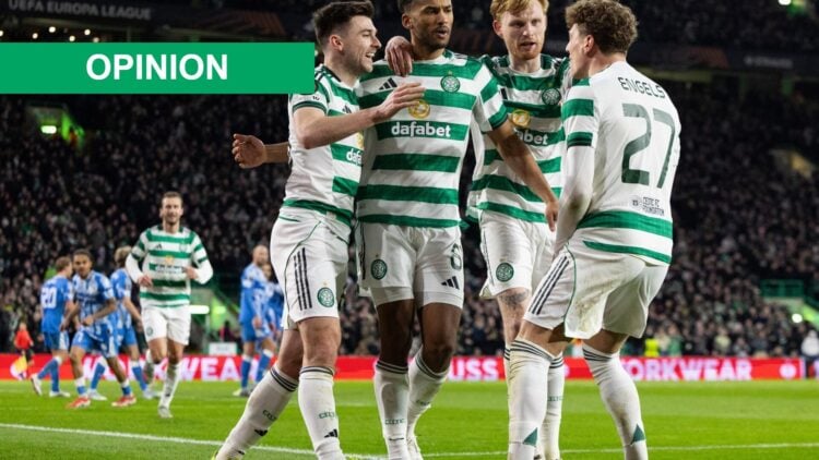 Auston Trusty of Celtic celebrates the 4-2 with Kieran Tierney of Celtic, Liam Scales of Celtic, Arne Engels of Celtic