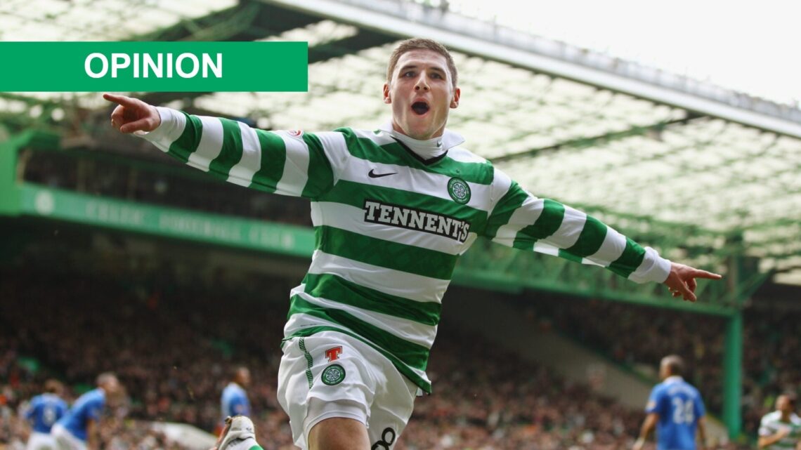 Gary Hooper of Celtic celebrates after scoring his first goal during the Clydesdale Bank Premier League match between Celtic and Rangers