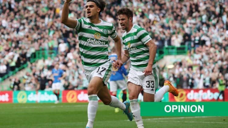 Jota of Celtic celebrates scoring the opening goal during the Cinch Scottish Premiership match between Celtic and Rangers